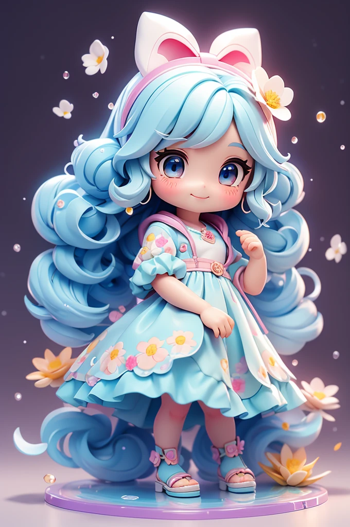photoRealstic、Doll standing in front of the painting（nendroid）、Light blue long hair、Twin-tailed、adorable smiling、Water droplets on the cheeks、In a cute pose、watercolor Nendoroid、(High Definition Figure)、Flowing iridescent silk、up of face、Eye Up、Colorcon with heart pattern、Floral patterns dress up your heart with both hands、There is also a flower in front of the petal below the Nendoroid.....、season!!: Winters☀ 🍂