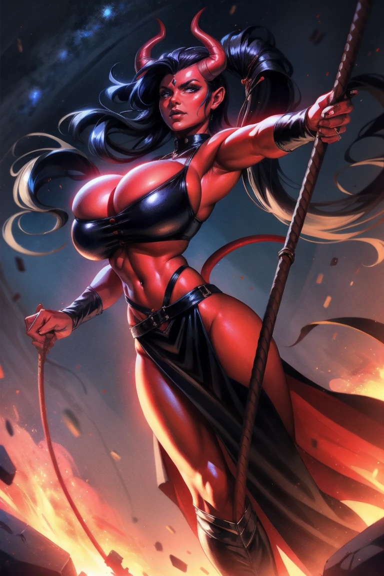 Red skin succubus tiefling, medium breasts, black horns, wings, huge tail, black leather, crop top, long flowing pelvic curtain, tall, toned, graceful, thin, long black ponytail. Action scene, whip. Dark scene, explosions, night sky.