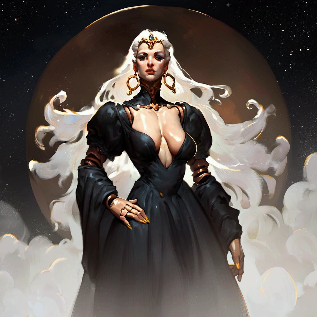 score_9, score_8_up, score_7_up, score_6_up, source_oil_painting, futanari, solo, black background, steam floating, space, doll joints, android, queen, saggy_breasts, golden black nails, black dress, faceless
