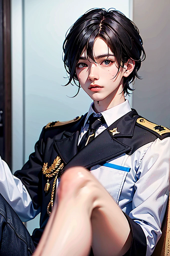 Full character(from head to foots), a male character with white skin,black hair, red left eye and blue right eye, using black military uniform.