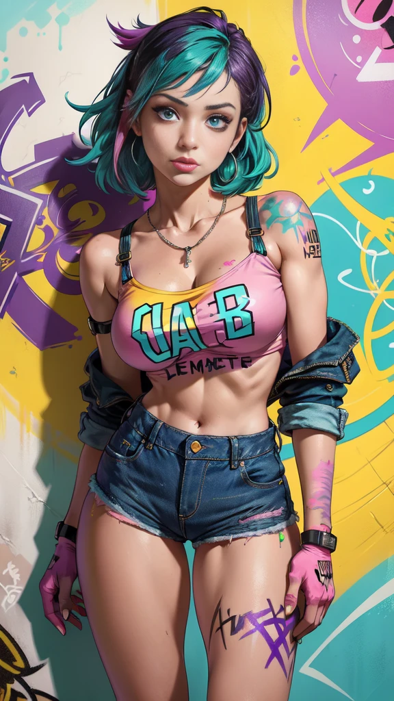 estilo anime, mujer grafitera, grafiti en la pared, desnuda contra la pared, gorra de lado, colores vivos, buena figura, buenas curvas, tatuajes maxima calidad, ultra detallado,  ultra detailed 8k image, sharp image, cuerpo entero