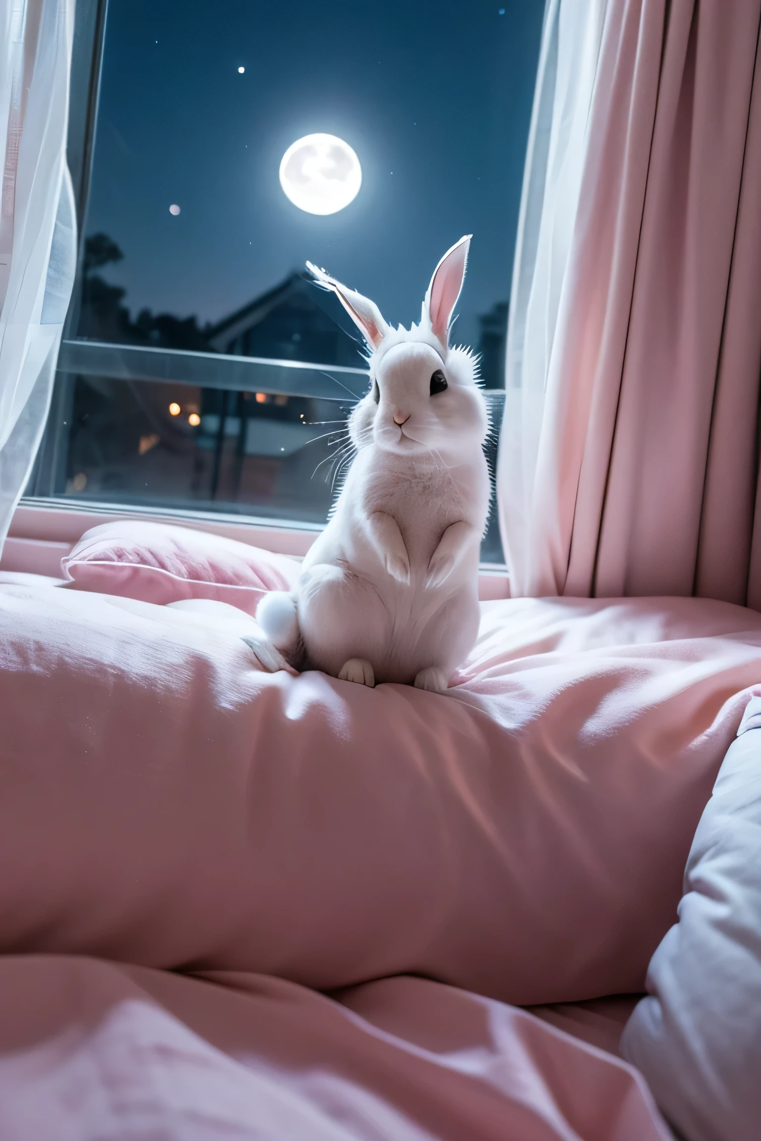 In the window at night, the rabbit jumps on the pink bed, facing the camera, the white moon, the most real picture, the realistic picture, the highest clear lens shooting, higher details