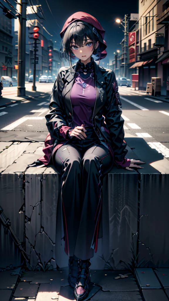 Masterpiece, Best Quality, Ultra-Detailed, 1girl, solo, purple eyes, black hair, purple tips, black cap, black jacket, futuristic jacket, open jacket, purple shirt, black pants, red shoes, black gloves, fingerless gloves, looking at the viewer, side look, sitting