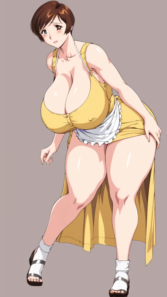 masterpiece, highest quality, High resolution, One girl, solo, sexual intercourse, Pornographic images, short hair, etsukoto, brown Eyes, fine grain, fine grain, (((Thick thighs, Plump thighs, Voluptuous thighs, Thighs alone are enough))), Huge and ample breasts, Cleavage, big long breasts, Naughty big,((big breasts are important))、((Naughty thighs)), L Cup, (thin:1.4),(Tight waist:1.4),  (yellow dress:1.4), ((waist apron)),  white panty, (((Simple Background))), ((Wide Hips)), Shiny, Oily skin, Mature mother, Calf, Seductive mature woman, milf, Perfect body, Plus Size Model, curvy, ample, etsukoto, blush, clavicle, retro artstyle, 1990s (style), (thick thighs:1.4), Bare legs, ((bursting breast)), firm breasts, (from side:0.9), full body, feet, looking away, open stance, open legs, discovery stance,