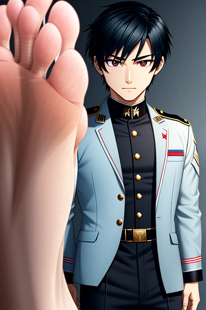 Full character(from head to foots), a male character with white skin,black hair, red left eye and blue right eye, using black military uniform.