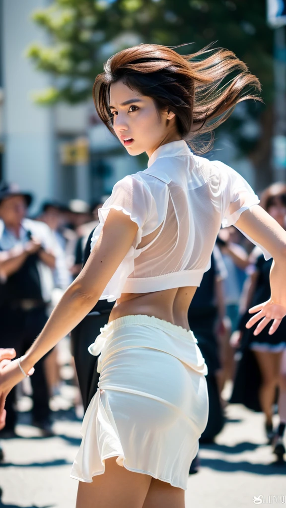 ((skirtの中を覗く:1.4)), ((White silk panties)), ((Strong winds)), (Embarrassing, blush, Shocked:1.4), (Realistic Face:1.3)、(skirt:1.3)Highly detailed skin, (masterpiece:1.4), (Photorealistic:1.2), RAW Photos, 8K resolution, Ultra HD, Perfect Style, Symmetrical eyes, Close to the audience, (Anatomically correct), ((Voluptuous body)), (ウィンディアップskirt), (Blowing in the Wind:1.4), ((street)), (Cowboy Shot:1.4), (Perfect hands, Detailed fingers:1.4)、Turn around、Face the camera、Visible buttocks、