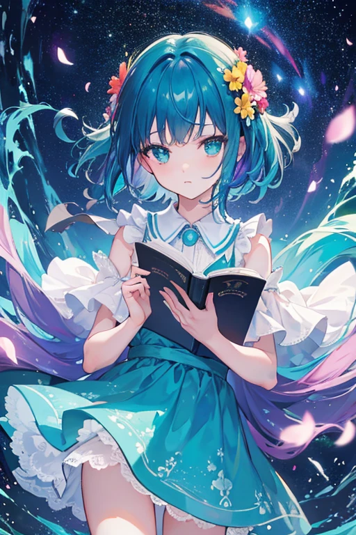 (Highest quality, masterpiece), One Girl, Reading a book, particle, Wind, flower, Upper Body, Simple Background, View your audience, Rainbow Hair, Teal short floating dress, universe, nebula, milky way