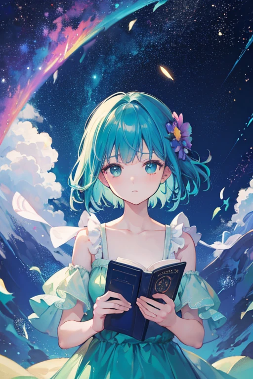 (Highest quality, masterpiece), One Girl, Reading a book, particle, Wind, flower, Upper Body, Simple Background, View your audience, Rainbow Hair, Teal short floating dress, universe, nebula, milky way