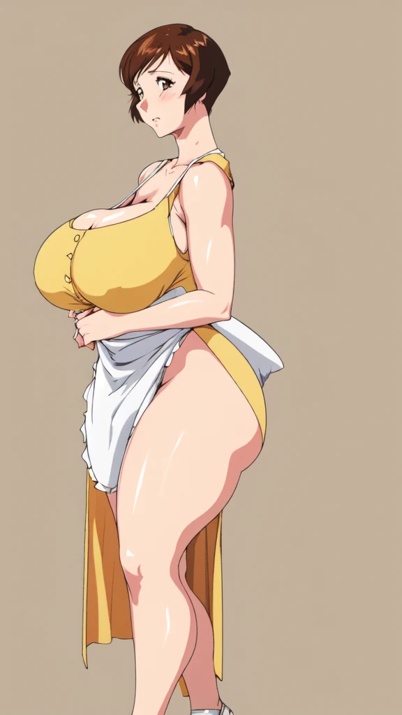 masterpiece, highest quality, High resolution, One girl, solo, sexual intercourse, Pornographic images, short hair, etsukoto, brown Eyes, fine grain, fine grain, (((Thick thighs, Plump thighs, Voluptuous thighs, Thighs alone are enough))), ((Huge and ample breasts, Cleavage, big long breasts)), Naughty big,((big breasts are important))、((Naughty thighs)), L Cup, (thin:1.4),(Tight waist:1.4),  (yellow dress:1.4), ((waist apron)), white panty, (((Simple Background))), ((Wide Hips)), Shiny, Oily skin, Mature mother, Calf, Seductive mature woman, milf, Perfect body, Plus Size Model, curvy, ample, etsukoto, blush, clavicle, retro artstyle, 1990s (style), (thick thighs:1.4), (from side:0.9), full body, feet, looking away, open stance, open legs, discovery stance,