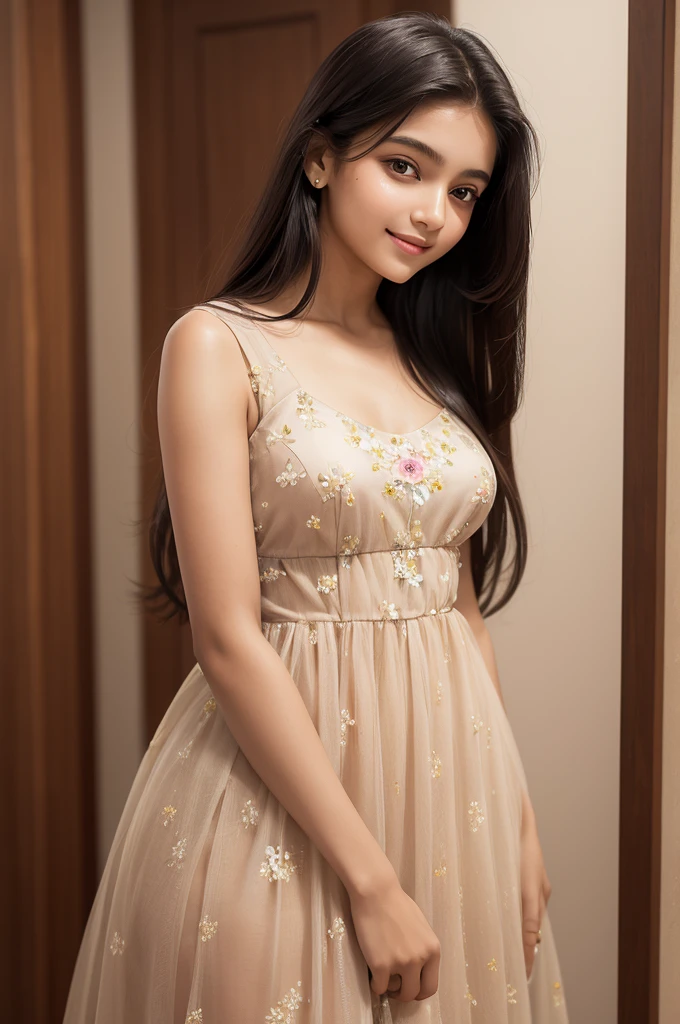 Elegant teenage girl, , indian girl style, crooked but elegant nose, wide, elegant sensual lips small, sweet eyes, Curvy body with delicate, beautiful slender and proportional measurements... Dark brown eyes and long straight hair... standing, With a long, flowery dress smiling with eyes that lack love... fully body.