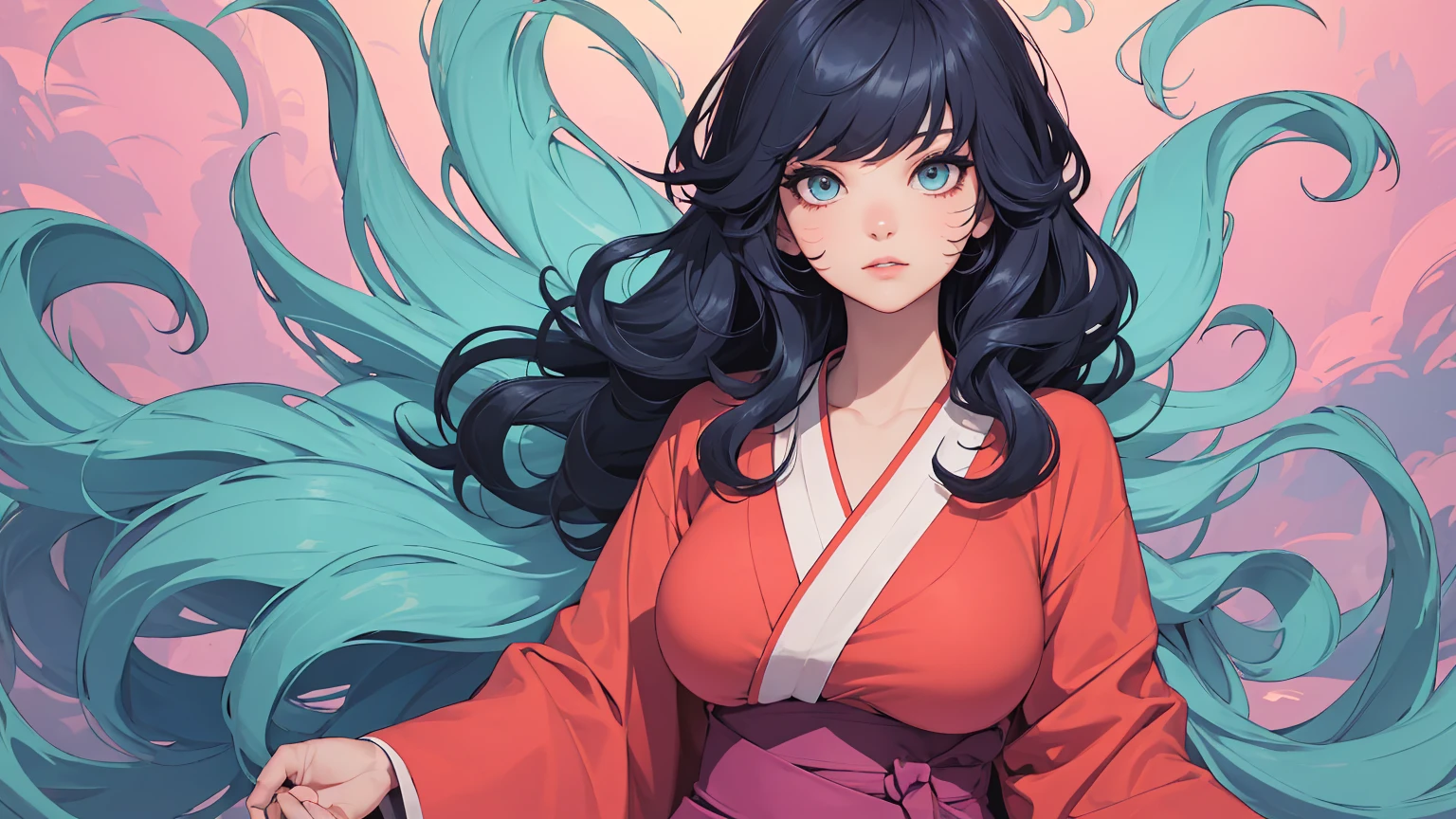 (masterpiece, best quality), beautiful woman, soft light, hakama, short skirt, (cleveage), wavy hair, asymmetrical bangs, perfect face, beautiful face, alluring, big gorgeous eyes, soft smile, perfect slim fit body, outdoors, standing, abstract background, bright colors, (risograph), medium breasts, solo, sexy