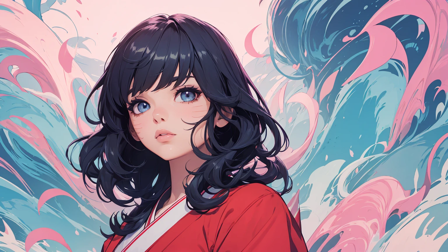 (masterpiece, best quality), beautiful woman, soft light, hakama, short skirt, (cleveage), wavy hair, asymmetrical bangs, perfect face, beautiful face, alluring, big gorgeous eyes, soft smile, perfect slim fit body, outdoors, standing, abstract background, bright colors, (risograph), medium breasts, solo, sexy