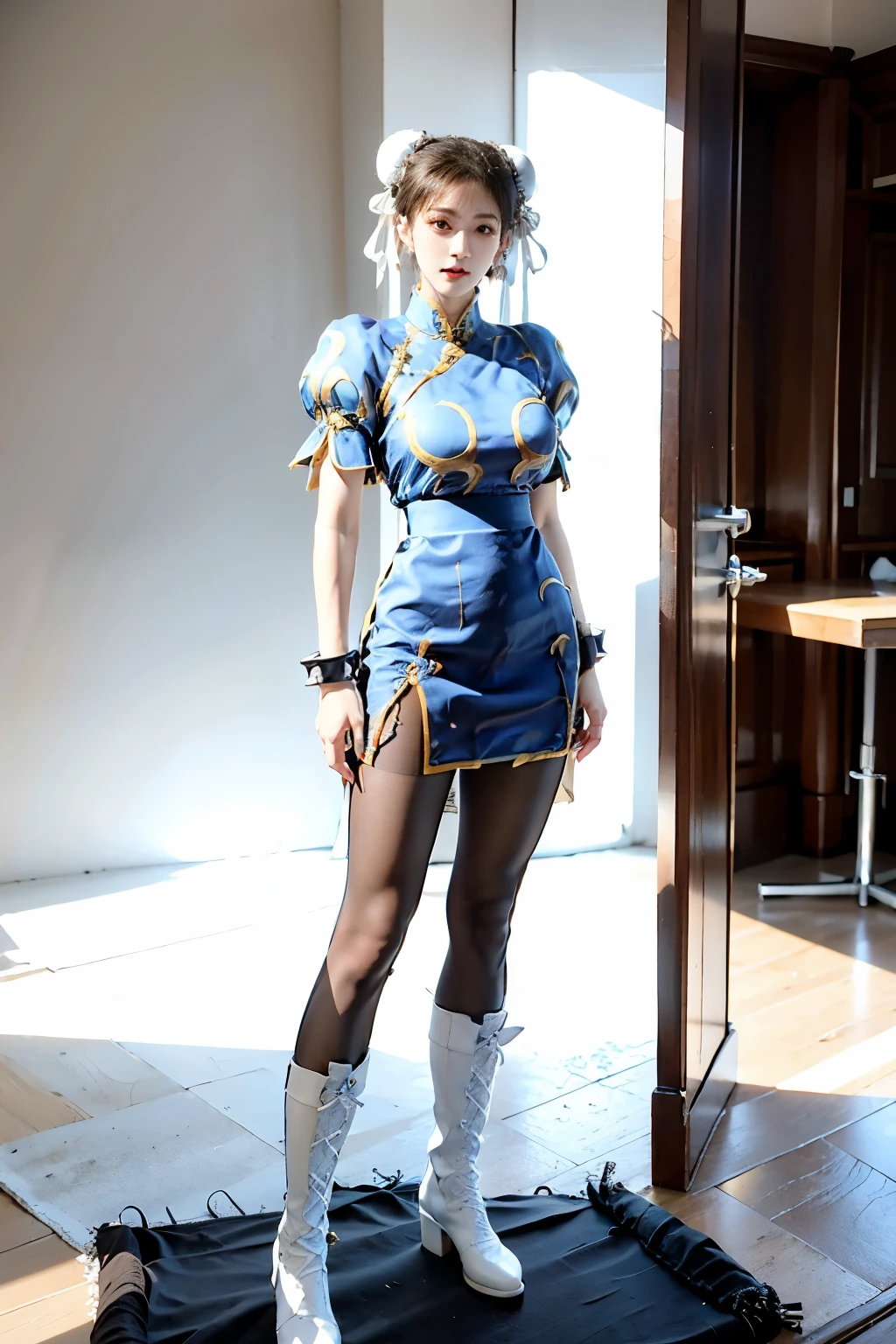 (full body:1.4), (A chun-li posing for a picture:1.4),tall, (hands on crotch:1.4),(gather legs:1.4),(shy:1.4),white background,chun-li, (standing:2),Bun head,bun covers, boots, bracelet, brown pantyhose, china dress, blue china dress color, chinese clothes, blue china clothes color,cross-laced footwear, dress, gold trim, jewelry,20 denial pantyhose, brown pantyhose color,pelvic curtain, puffy sleeves, sash, short sleeves, side slit, spiked bracelet, spikes and white footwear, beauty face, big breast, thick tight