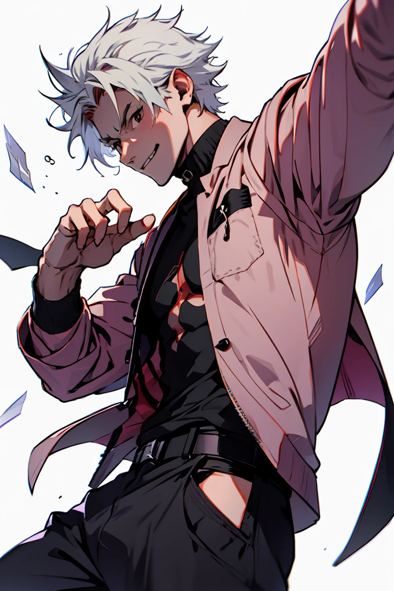 close up, face, smiling, highest quality, 8K, high resolution image, Jujutsu Kaisen estilo anime , Arataki Itto, Detailed strokes, nblurry background, purple light reflecting on it , (close up angle), 1 men, Youngh, mascle, role model, front with hand in pants pocket , multicolored background with various geometric shapes , round stickers, brawny, red and white hair, swollen chest, wearing a tight shirt , striking eyes , with the shirt, swollen chest