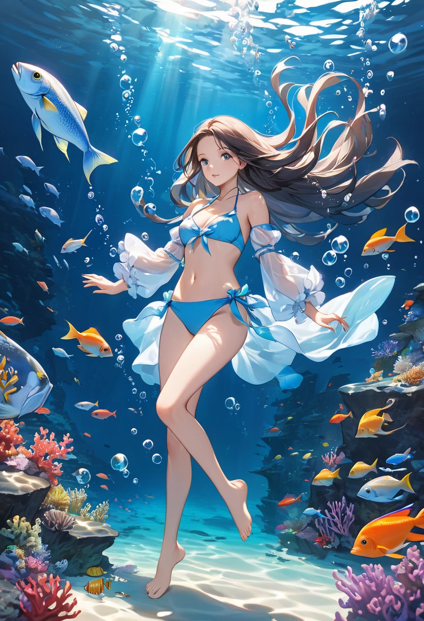 girls and women in pictures under sea water fish, sea, sea life, fantasy, fashion, underwater, clothing, fantasy, 1girl, fish, long hair, underwater, navel, solo, barefoot, bubble, air bubble, detached sleeves, swimsuit, bikini, jewelry