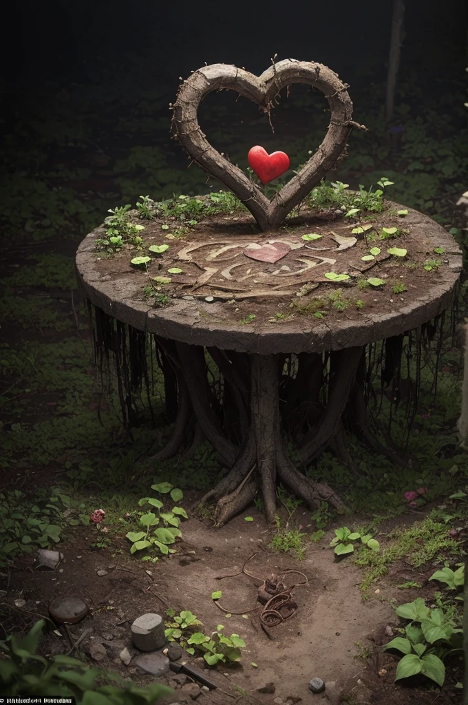 Create an image of a rotten garden, dark with everything lifeless and a lifeless human heart representing the human being without God