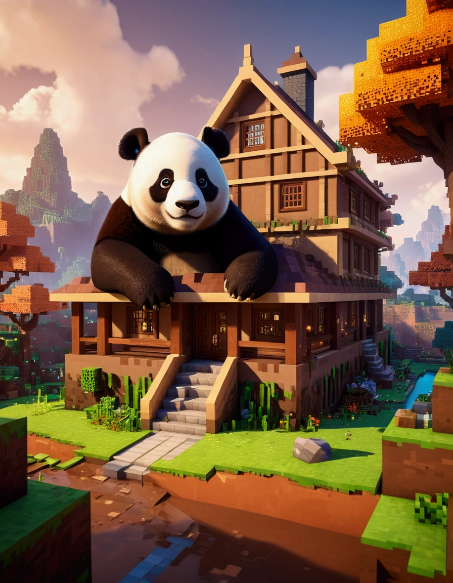 opulent, 3d, game art, dream magical, Beautiful biomes, cozily, Perfectcomposition, Minecraft style, colorful, Nice looking building, Wallpaper quality, design sense, aesthetics, Cartoon feel, Minecraft art style, 8K, a panda with a big house all brown color made of realistic mud behind him