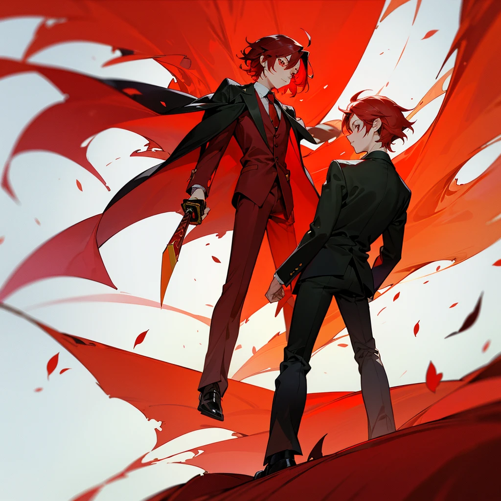 Medium Bob cut hairstyle, dark red hair, red eyes, Wearing a women loli's dress, 16 years. , zoom out. are dancing with. with man 24 years elegant black suit, black hair, red eye.