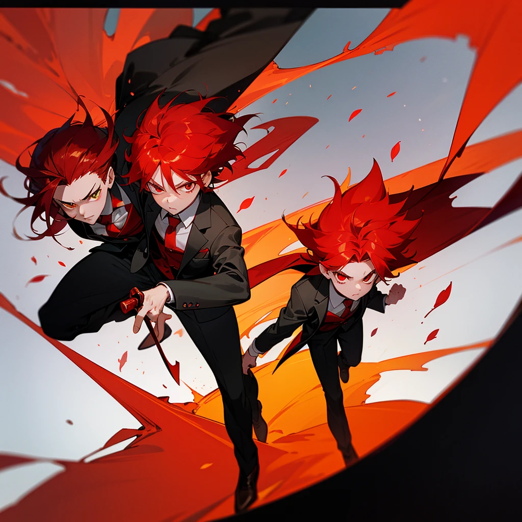 High quality, wallpaper, 19.5:9 aspect ratio, full body, twins, , boys, in business suits, red main color, red hair, red glowing eyes, short messy hair, demonic red aura emerging from their bodies, holding Bowie knives, red accents, red accessories, yellow golden cherry blossoms, background colorful green with river, leaf petals falling in background.