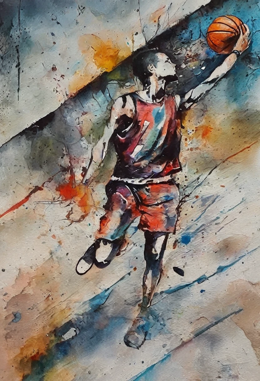Banksy art sticker, fantasy character, basketball player, basketball uniform, (the basketball scene:1.5), the dunking athlete in the air, (dunk shoot:2.0),(dynamic angle:1.5), (passion:1.5), digital illustration, comic book style, noir, perfect anatomy, centered, approaching perfection, dynamic, highly detailed, watercolor painting, artstation, concept art, soft, sharp focus, illustration, art by Carne Griffiths and Wadim Kashin, (viewed from below:1.2)