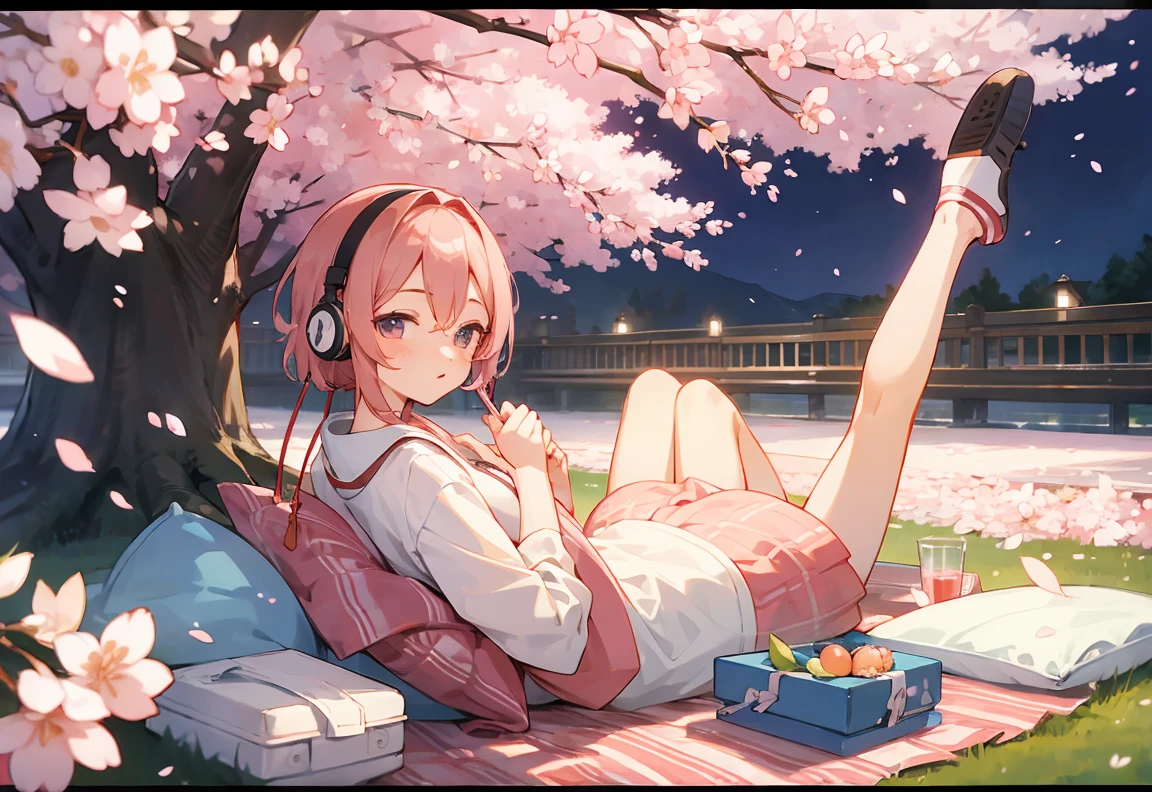 headphone Spring Clothes relax cherry blossoms picnic night night景が見える Best image quality