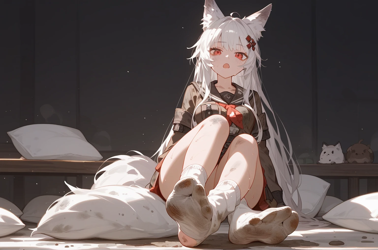 1 girl,dirty,foot,foot底,Red Eyes,breast,solitary,Long hair,White hair,,foot趾,foot部焦点,Looking at the audience,sit,Sweat,open mouth,dirty foot,Keep,indoor,Pillow,Bangs,White knee socks,Fox ears,There'foot的泥土,White clothes,kimono,Japanese style,dirtyPillow,dirty床,女孩周围堆满Pillow,女孩踩踏2着Pillow,大量Pillow,Pillow上肮脏,,(Deluxe Rococo Canopy King Bed),On a big and spacious bed,(),,,,Luxurious curtains with ornate ruffles and ribbons surround the bed,((((There are many pillows piled on the bed)))),Detail of Quilt,Detailed bed sheets,女孩踩在Pillow上