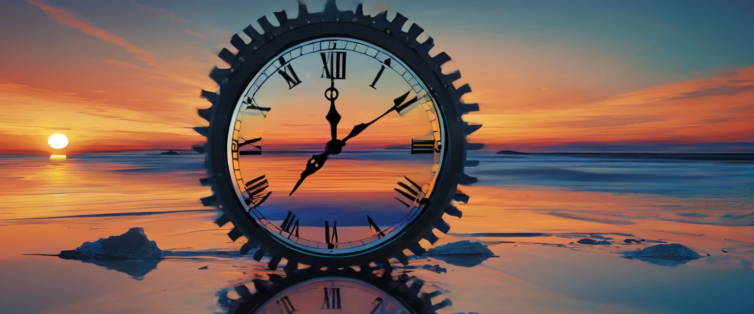 Create a background image for a video whose theme is "Time", highlighting "10 minutes". The image must convey the passage of time in a visual and symbolic way. Suggested elements include:

 Analog and digital clocks showing 10 minutes.
 Partially deflated hourglasses.
 Moving pendulums.
 Calendars with the current date highlighted.
 Sky with different phases of the day (dawn, noon, sunset).
 Color tones that represent the passage of time, such as gradients that go from blue to orange.
 Additional elements such as gears or objects that symbolize the mechanics of time.

The image should have a clean, modern style, with a color palette that doesn't distract from the main content of the video.