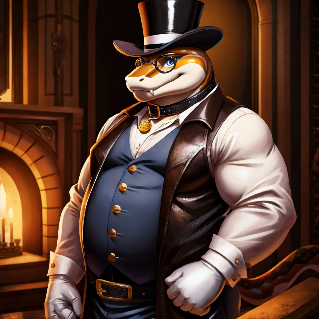 Solo, Male, fat, extremely obese, gentleman, dapper Professor Snake with fangs, blue eyes, (posing:1.3), (soft shading), 4k, hi res, ((detailed face, detailed)), looking at viewer, mouth wide open, steampunk, collared shirt with buttons, top hat, male focus, Explorer Outfit, glasses, monocle, vest with buttons, sleeves rolled up, round eyewear, brown headwear, brown vest, Snake is wearing a glossy leather dog collar around the neck, Snake is wearing the leather collar and shirt and vest at the same time, Snake is wearing glossy white rubber gloves on the hands, wearing white rubber gloves on the feet, gloves are rubber in texture, clenching teeth, clenching fists, leather collar is glossy and shiny with a lot of detail, Snake is wearing gloves and leather collar at the same time, leather collar has a round dog-tag, leather collar is thick and detailed, leather collar is glossy and shiny, fancy clothing, dapper vest, dapper shirt, leather collar is thick, glossy leather collar.