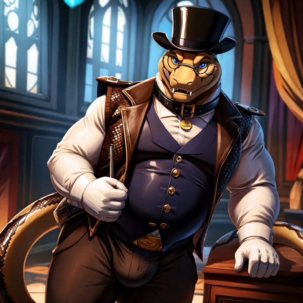 Solo, Male, fat, extremely obese, gentleman, dapper Professor Snake with fangs, blue eyes, (posing:1.3), (soft shading), 4k, hi res, ((detailed face, detailed)), looking at viewer, mouth wide open, steampunk, collared shirt with buttons, top hat, male focus, Explorer Outfit, glasses, monocle, vest with buttons, sleeves rolled up, round eyewear, brown headwear, brown vest, Snake is wearing a glossy leather dog collar around the neck, Snake is wearing the leather collar and shirt and vest at the same time, Snake is wearing glossy white rubber gloves on the hands, wearing white rubber gloves on the feet, gloves are rubber in texture, clenching teeth, clenching fists, leather collar is glossy and shiny with a lot of detail, Snake is wearing gloves and leather collar at the same time, leather collar has a round dog-tag, leather collar is thick and detailed, leather collar is glossy and shiny, fancy clothing, dapper vest, dapper shirt, leather collar is thick, glossy leather collar.