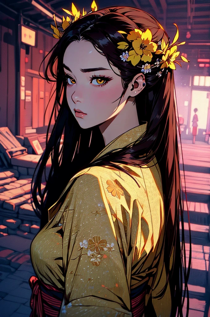 hyper-realistic of a mysterious woman with flowing dark hair, piercing yellow eyes, and a delicate floral crown, backwards, looking back, upper body, (yukata)