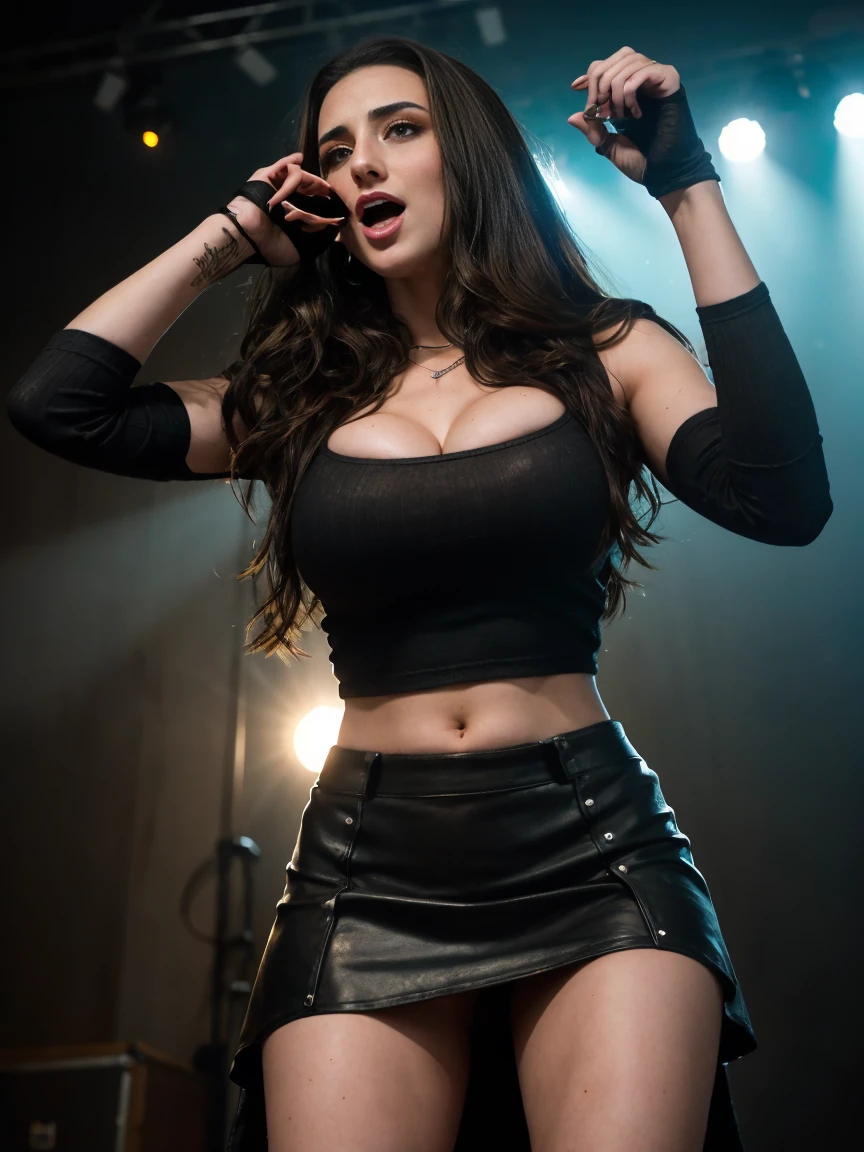 Extremely busty thin and toned brunette death metal singer, college girl, fair skin, big hair, hair pulled back, soft face, athletic, heavy makeup, piercings, black leather, studs, tight black top, boots, fingerless gloves, tight skirt, chains. standing on a stage, pyrotechnics, black butterflies, tattoos, holding a microphone, metal concert. (microphone, fist in the sky), angry, rage, screaming. Heavy metal. Death metal. Explosions, fire.
