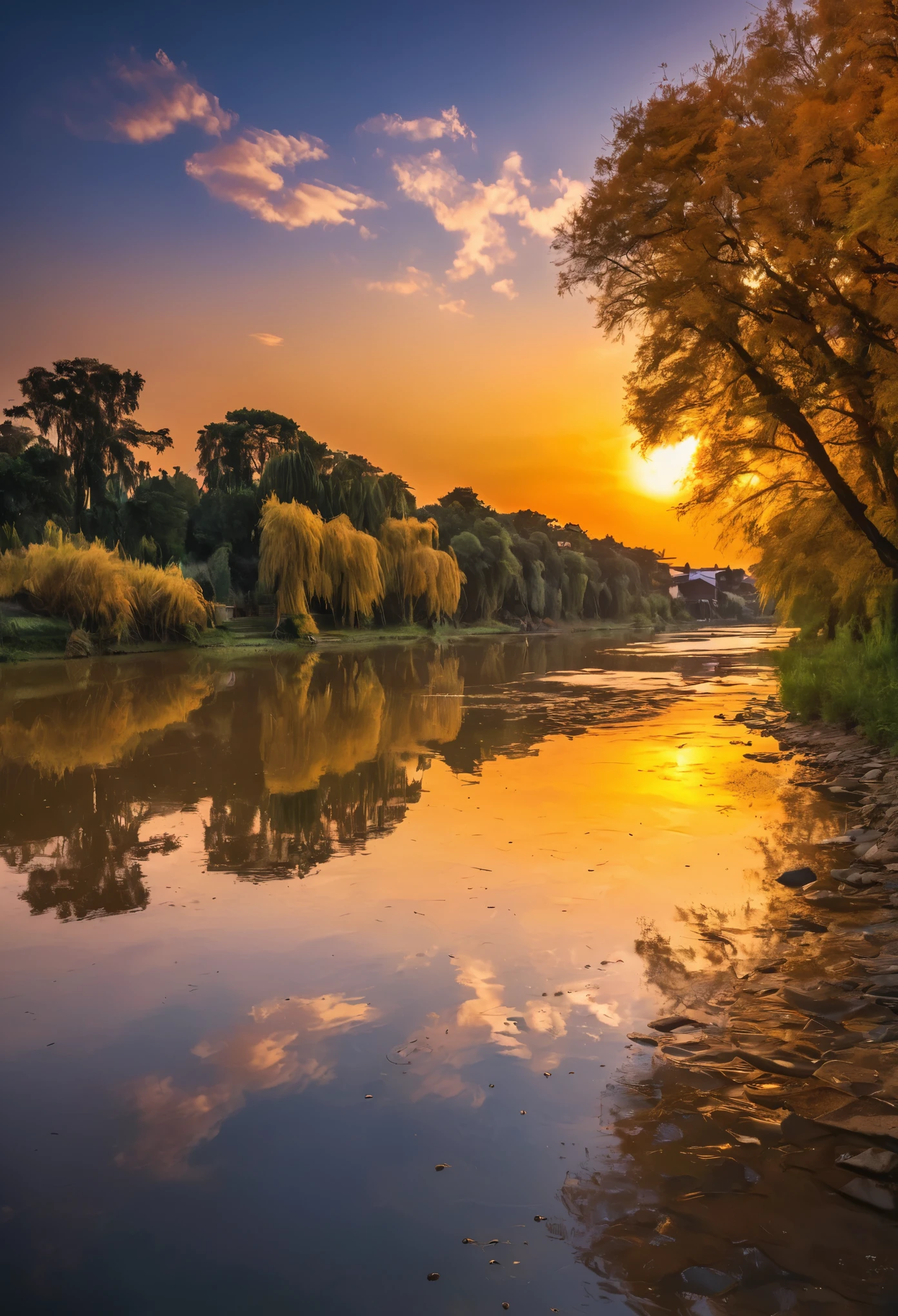 This image depicts a breathtaking sunset over the river.。, Located in a quiet rural setting. The sky is painted in shades of orange and yellow, Reflected in the calm river waters below. Trees in the landscape々and buildings are scattered around, Add depth and scale to your scene. The overall atmosphere of the image is calm and serene., Capture the beauty of nature at sunset.