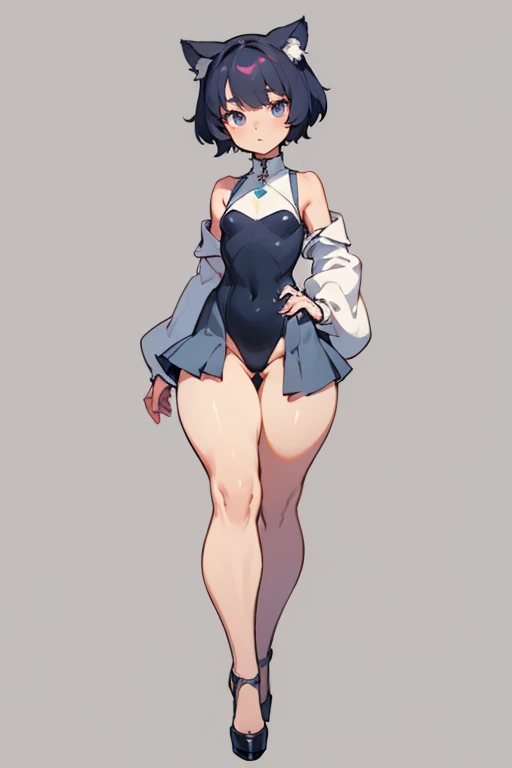 blank background, (((whole body))), (Masterpiece), ((Best Quality)), (very short girl), flat chest, two short tails, (Wide hips:1.4), (thick thighs:1.4), (high cut leotard), platform heels,
