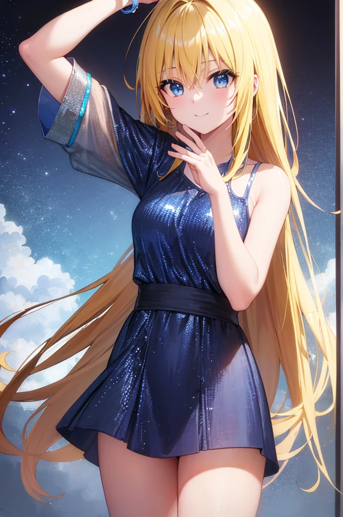 (masterpiece:1.3), (best quality:1.2), (8k, ultra detailed, ultra high res:1.2), ((anime style)), perfect 5 fingers, perfect anatomy,
1girl,
BREAK long hair, wavy hair,
(blonde hair),
(blue eyes),
medium breasts, camisole, (Sequins, white Sequins:1.3),
BREAK smile,
(gazing skyward:1.3), standing,
cowboy shot,
black background,