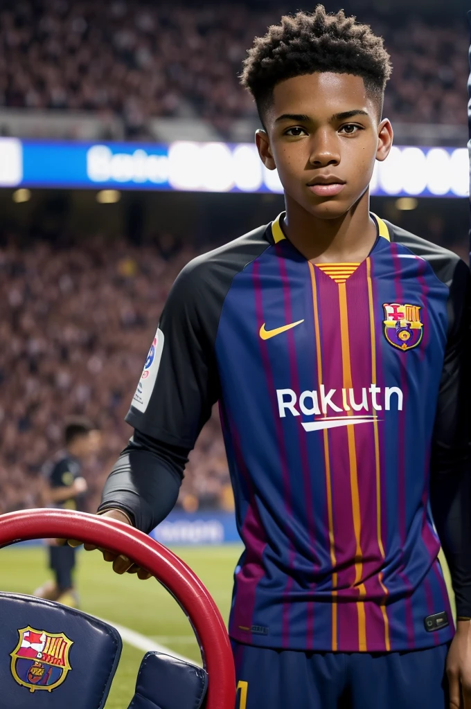15-year-old black boy who plays on the professional field as a goalkeeper at Barcelona