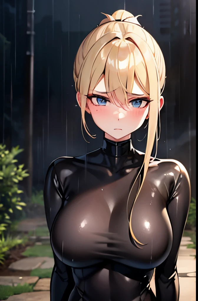 Blonde,ponytail,Black tight suit,blue eyes,Large Breasts,Slender,Serious face,blush,rain,forest,night,Pichi Pichi,clearly,