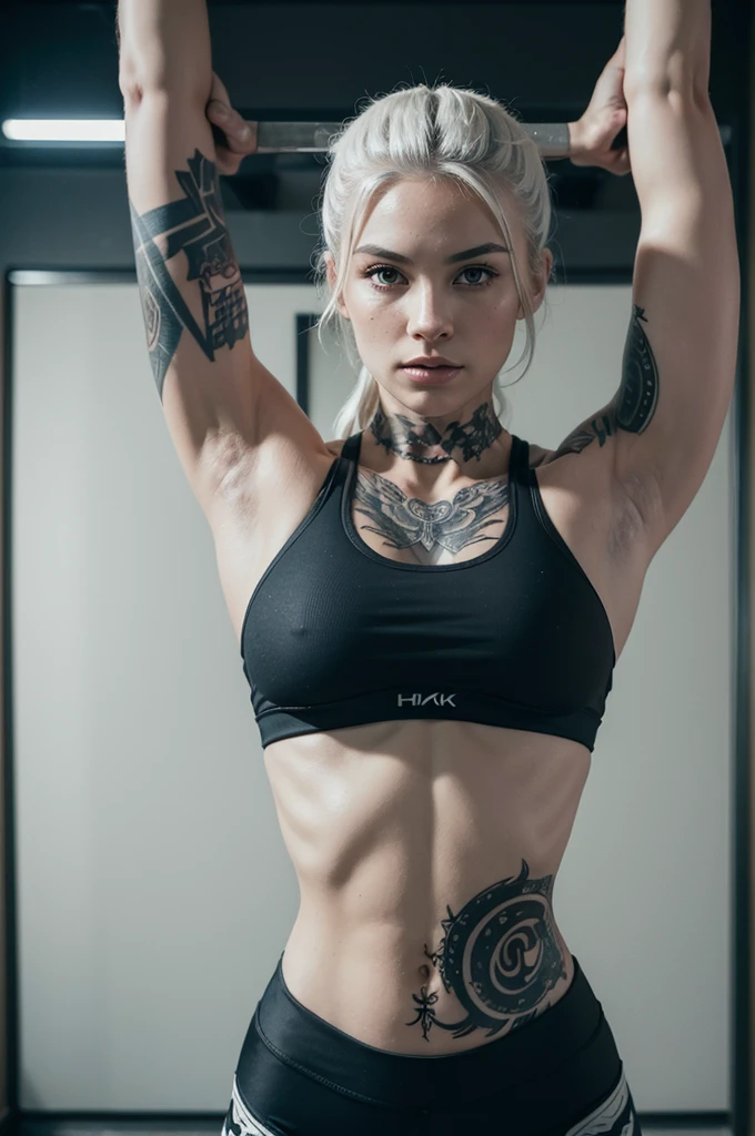 ((maximum quality, 8K, Artwork:1.3)),photorealistic portrait of tattooed girl, (perfect:1.5),wearing detailed sports bra and leggings, white hair, pale white skin, Emphasizes perfect body, (perfect body like a fit woman), many black tattoos on the body, tattooed body, while the tattoo on the chest adds a cinematic touch to the scene amidst the black tattoo, the cinematic lighting completes the general atmosphere, in the background a very fighting tatami, standing , (arms up, hands behind head: 1.5)