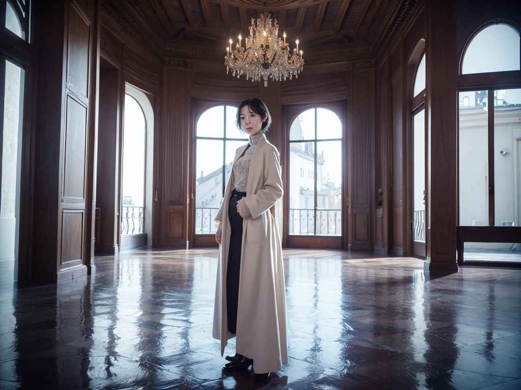high quality, 1 woman, ((36-year-old healthy Korean woman)), ((36 years old)), 1 woman, ((slim)), ((short medium hair)), Smile. pose: standing, Myungpum brand sweater and light coat, background:Your residence is a baroque townhouse with a plaster façade and wrought iron railings.., Overlooking the Salzach River and Hohensalzburg Fortress, looking slightly up, 1 woman, Full body shot with Canon 16-34 wide angle lens