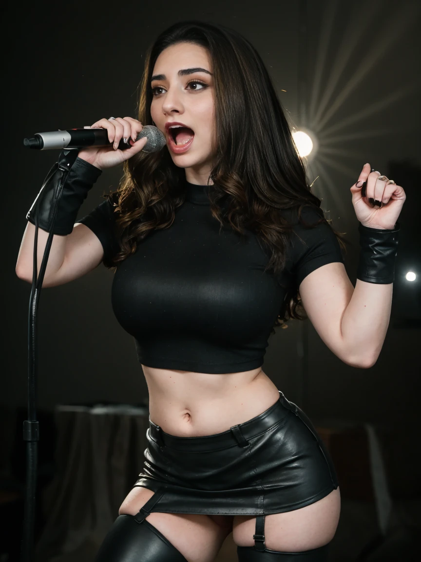 Extremely busty thin and toned brunette death metal singer, college girl, fair skin, big hair, hair pulled back, soft face, athletic, heavy makeup, piercings, black leather, studs, tight black top, boots, fingerless gloves, tight skirt, chains. standing on a stage, pyrotechnics, holding a microphone, metal concert. (microphone), angry, rage, screaming. Heavy metal. Death metal. Explosions, fire.