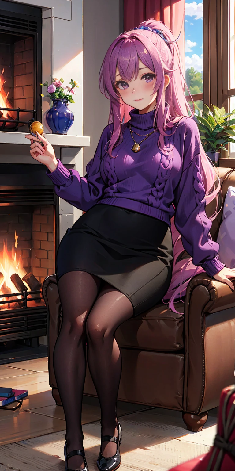 masterpiece, best quality, brunhilde, purple sweater, cable-knit sweater, pencil skirt, sitting, couch, fireplace, looking at viewer, blushing