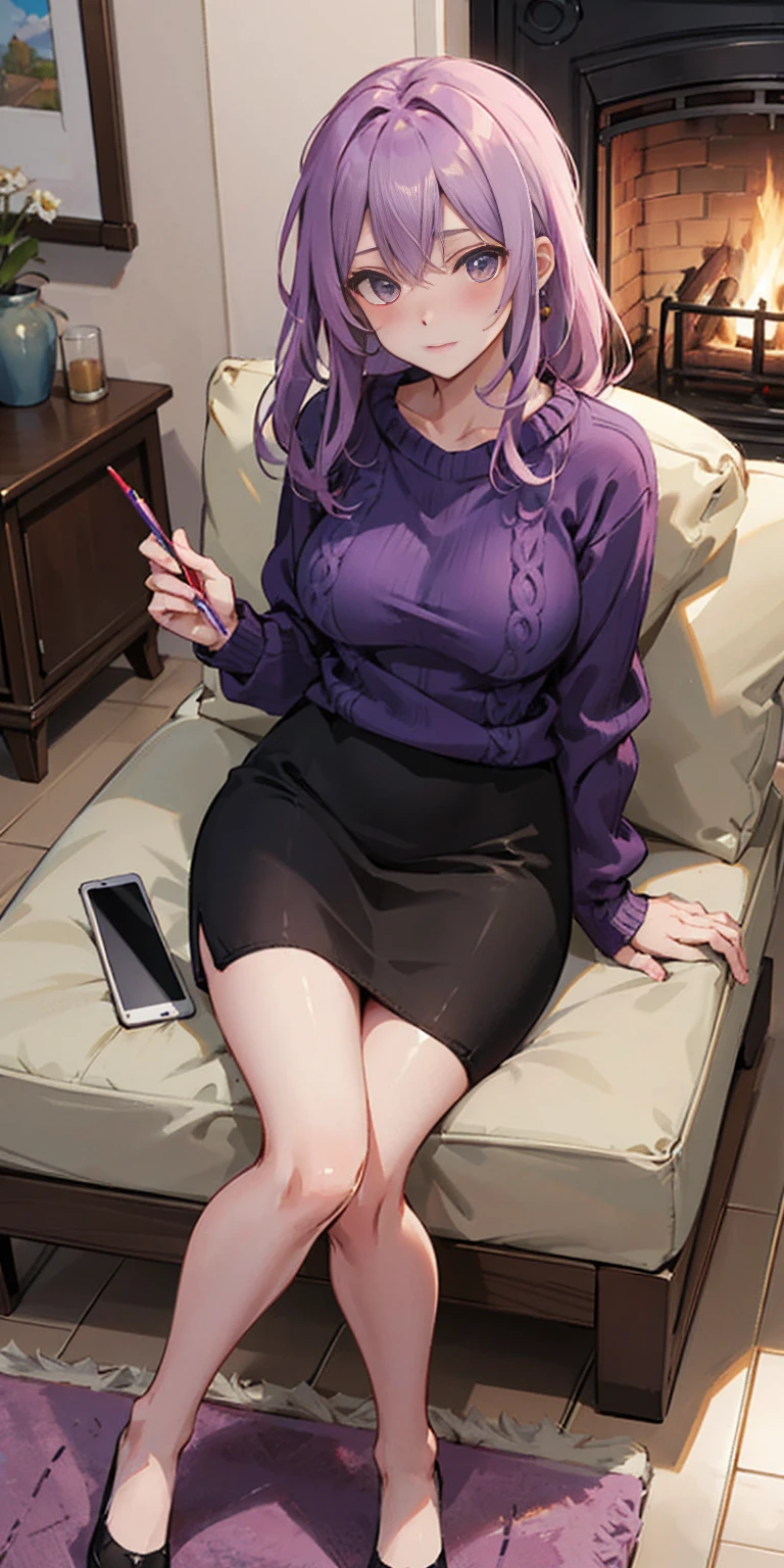 masterpiece, best quality, brunhilde, purple sweater, cable-knit sweater, pencil skirt, sitting, couch, fireplace, looking at viewer, blushing