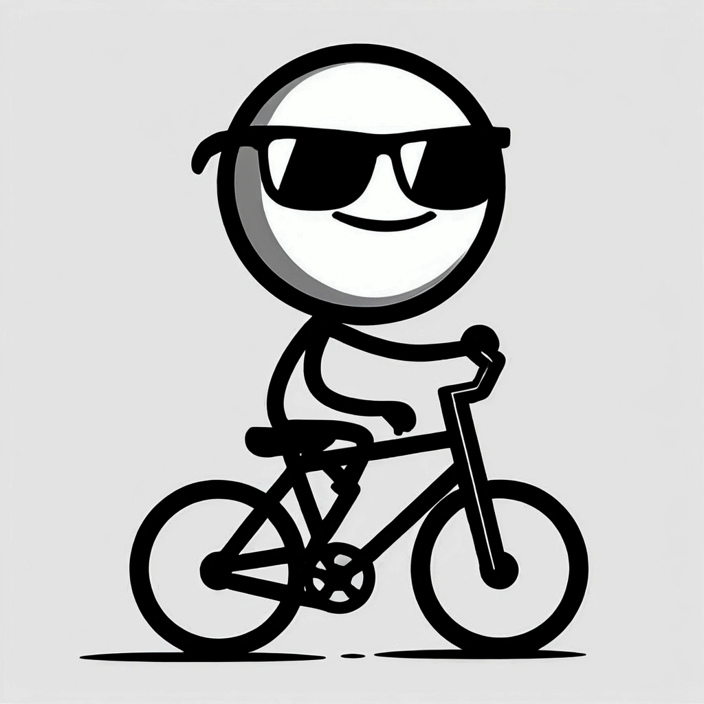 cartoon man riding a bike with sunglasses on, andar de bike, anda de bike, bike, simple cartoon, cool guy, motorcyclist, wearing sunglasses, cycling!!, wearing cool sunglasses, with sunglasses, picture of a male motorcyclist, bikes, simple cartoon style, wearing sunglasses, great smile, flat shaded illustration, simple shading, cel shading vector, your guy