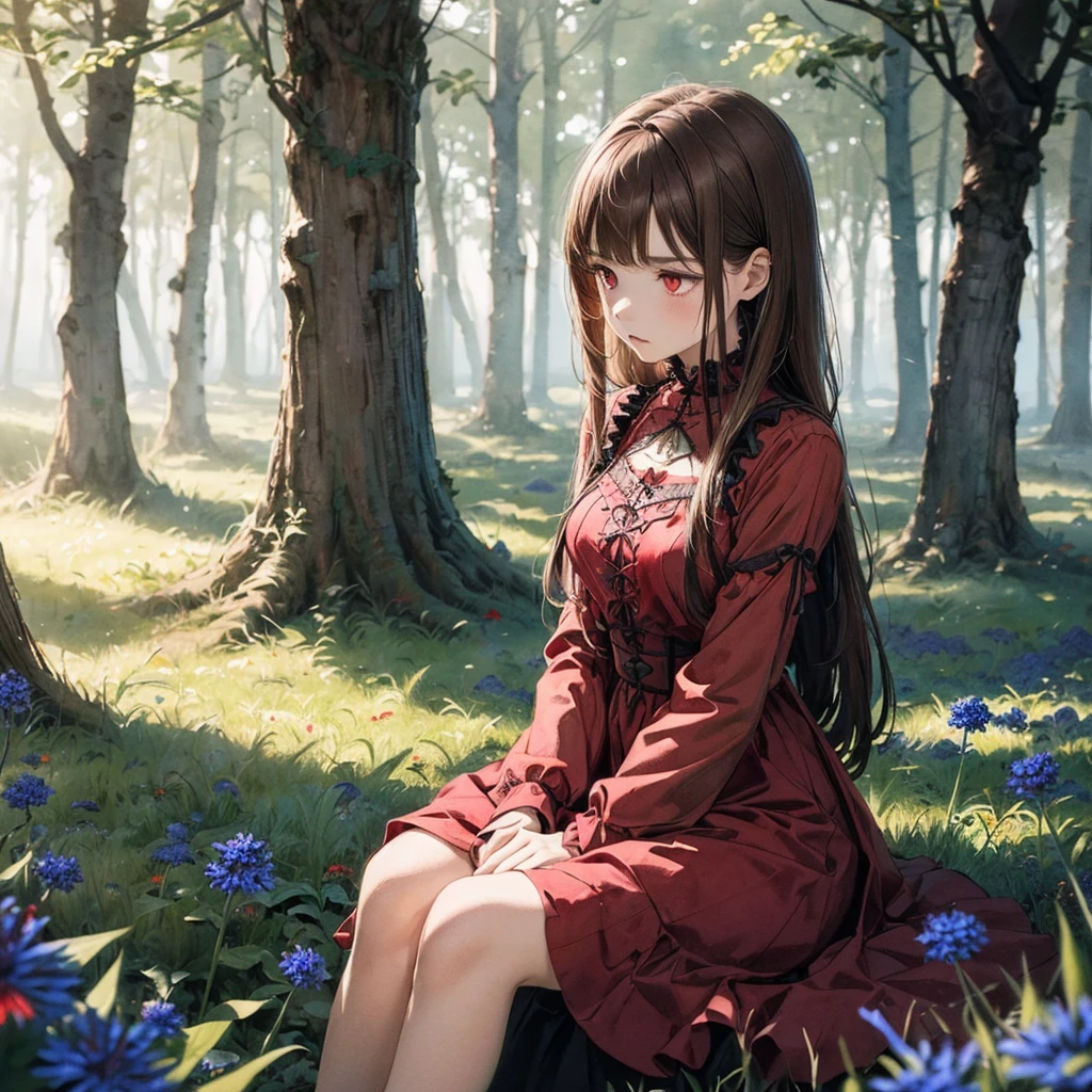 (​master piece),(top-quality:1.2),Super detailed,Watercolor style,(perfect anatomy),((((1 girl))), ((red gothic long dress)),(long sleeve),(ash brown long hair),abstract and mysterious girl,hands on ground,beautiful detailed red eyes,(looking down),small breasts,expression of sadness,(in forest a lot of blue cornflowers),(sitting),Combination of digital illustration and photography,soft pastel tones,Depth of written boundary,film lighting,The background is soft and blurry,beautiful atmosphere like a dream