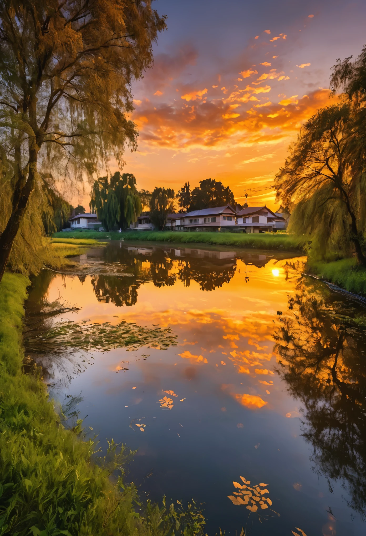 This image depicts a breathtaking sunset over the river.。, Located in a quiet rural setting. The sky is painted in shades of orange and yellow, Reflected in the calm river waters below. Trees in the landscape々and buildings are scattered around, Add depth and scale to your scene. The overall atmosphere of the image is calm and serene., Capture the beauty of nature at sunset.
