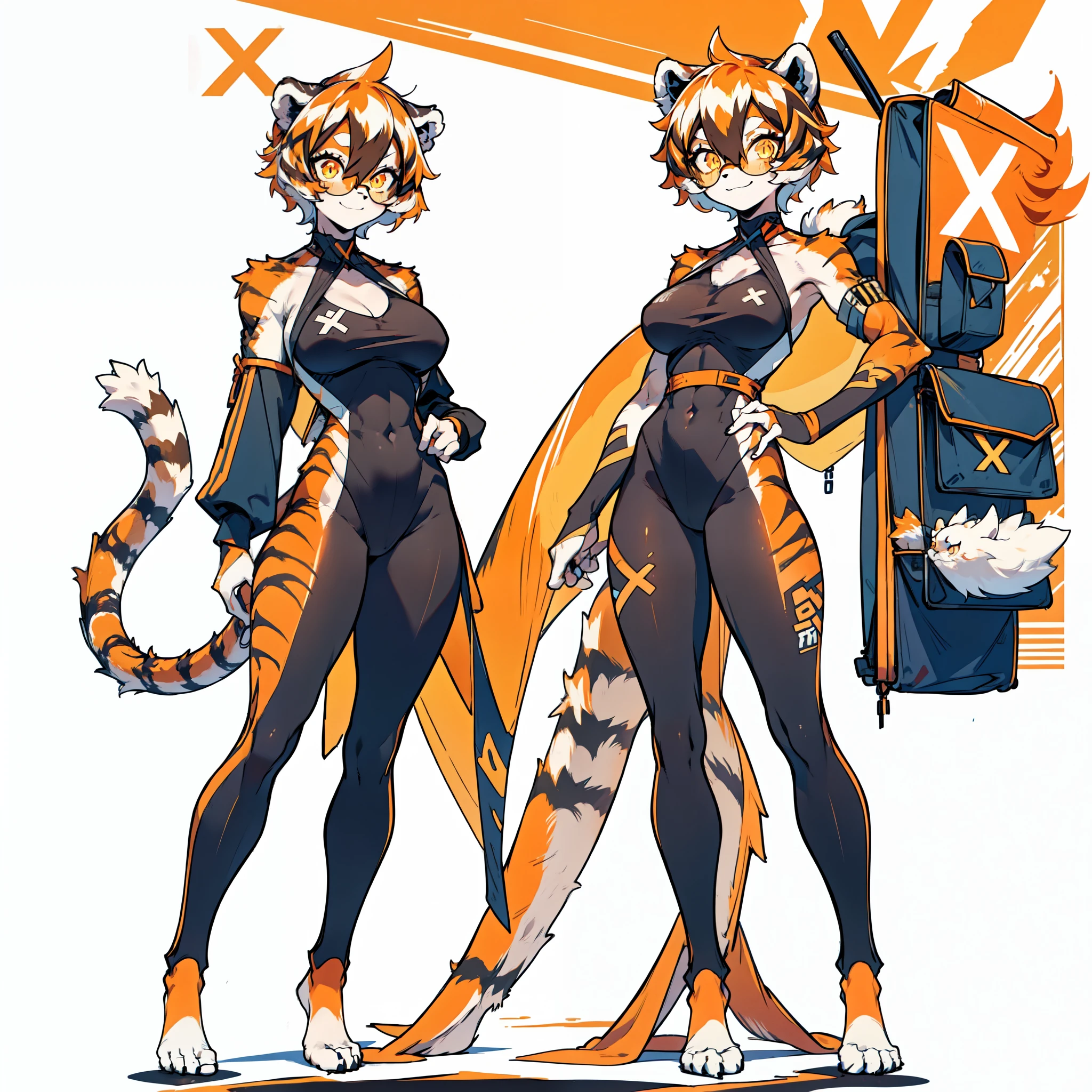 white background, full body, ((furry female:1.2)), Standing, animal ears, white hair, black hair, short hair, large breasts, muscle, tail, orange eyes, orange hair, multicolored hair, tiger girl, hair between eyes, tiger_ears, tiger_tail, orange-tinted_eyewear, tinted_eyewear, big breasts, evil smile, Shadows under feet, Abdominal muscles, (((x-ray outfit:1.2))),jk