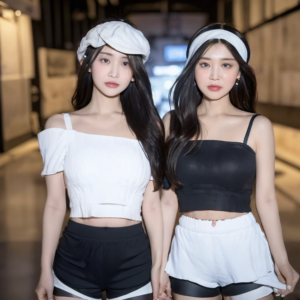 ((Best Quality, 8K, Masterpiece: 1.3)), (Flower Cap: 1.3), Focus: 1.2, Perfect Body Beauty: 1.4, Buttocks: 1.2, (Dark Street: 1.3), Highly Detailed Face and Skin Texture, Full Body, Delicate Eyes, Double Eyelids, Whitened Skin, long straight black hair with wavy ends (Round Face: 1.5), (Loose Crop Top, Shorts: 1.6)
