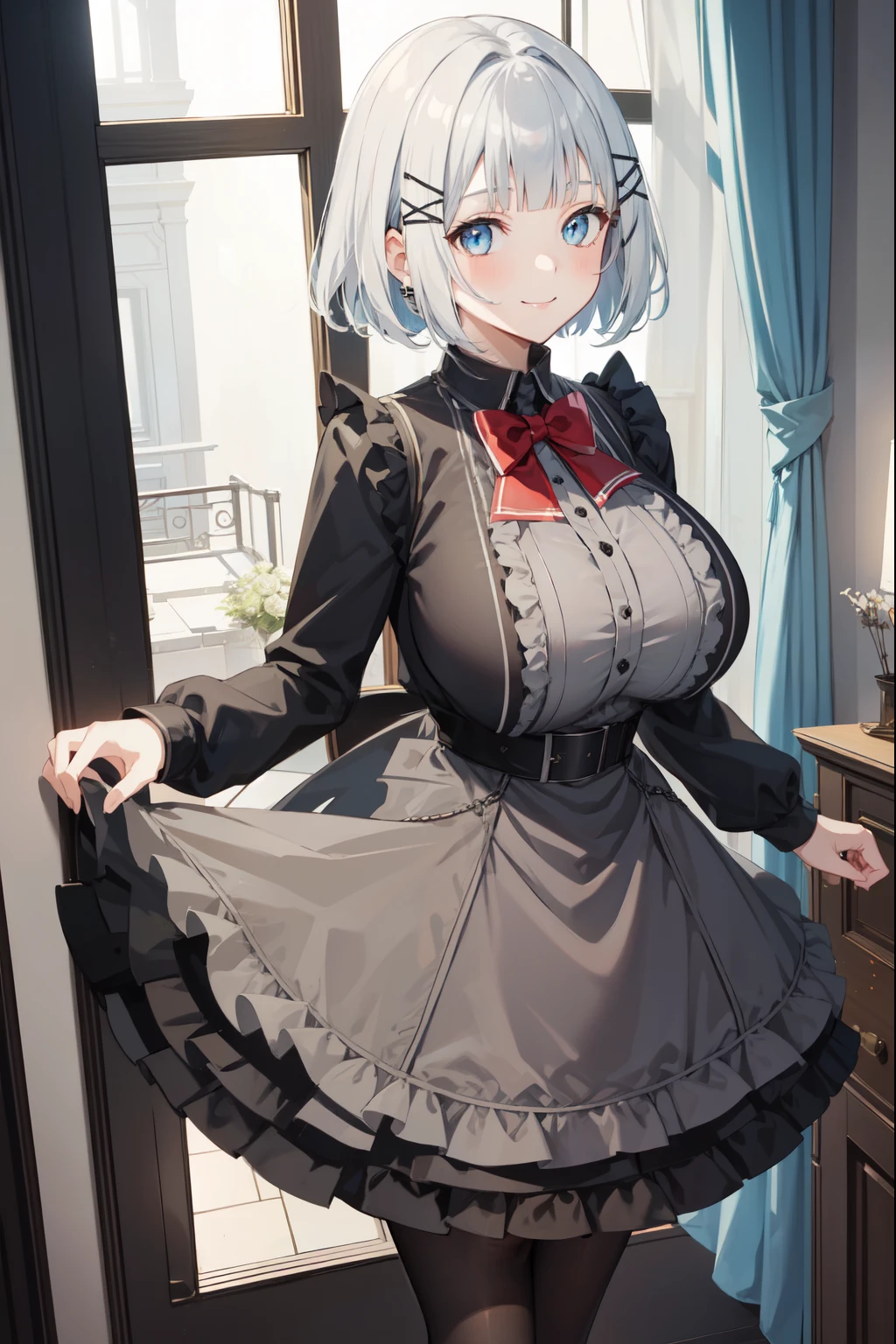 masterpiece,1 girl,huge breasts,smiling,room,whole body,detectiveSiesta, smile, short hair, bangs, blue eyes, hair ornaments, Gray Hair, Hair Clip, blunt bangs, x hair ornaments, red bowtie black shirt grey jacket grey dress black skirt black belt frills black pantyhose