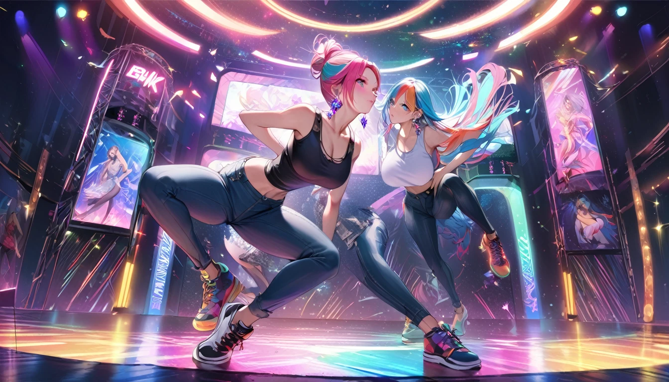 8K,Gal,Very delicate and beautiful,Have big breasts, Beautiful and realistic skin,Sparkling jewel earrings,Long and colorful hair,Beautiful Eyes,whole body,Head to Toe,Beautiful Legs,skinny pants,Tank top,Hip Hop Dance