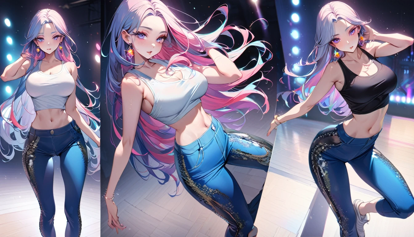 8K,Gal，Very delicate and beautiful,Have big breasts, Beautiful and realistic skin,Sparkling jewel earrings,Long and colorful hair,Beautiful Eyes,whole body,Head to Toe,Beautiful Legs,skinny pants,Tank top,Hip Hop Dance