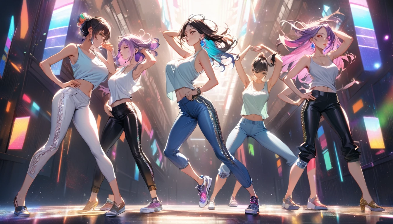 8K,Gal,Very delicate and beautiful,Have big breasts, Beautiful and realistic skin,Sparkling jewel earrings,Long and colorful hair,Beautiful Eyes,whole body,Head to Toe,Beautiful Legs,skinny pants,Tank top,Hip Hop Dance